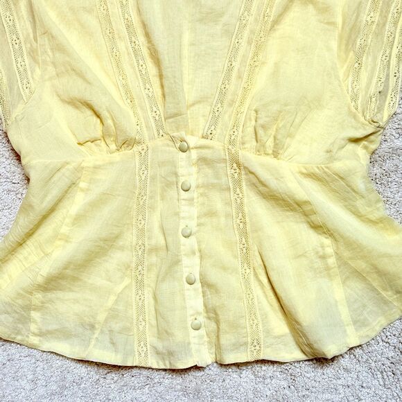 SOLD Free People Yellow V Neck Button Up Ruched Lace Flutter Sleeve Blouse Top S - Picture 4 of 12